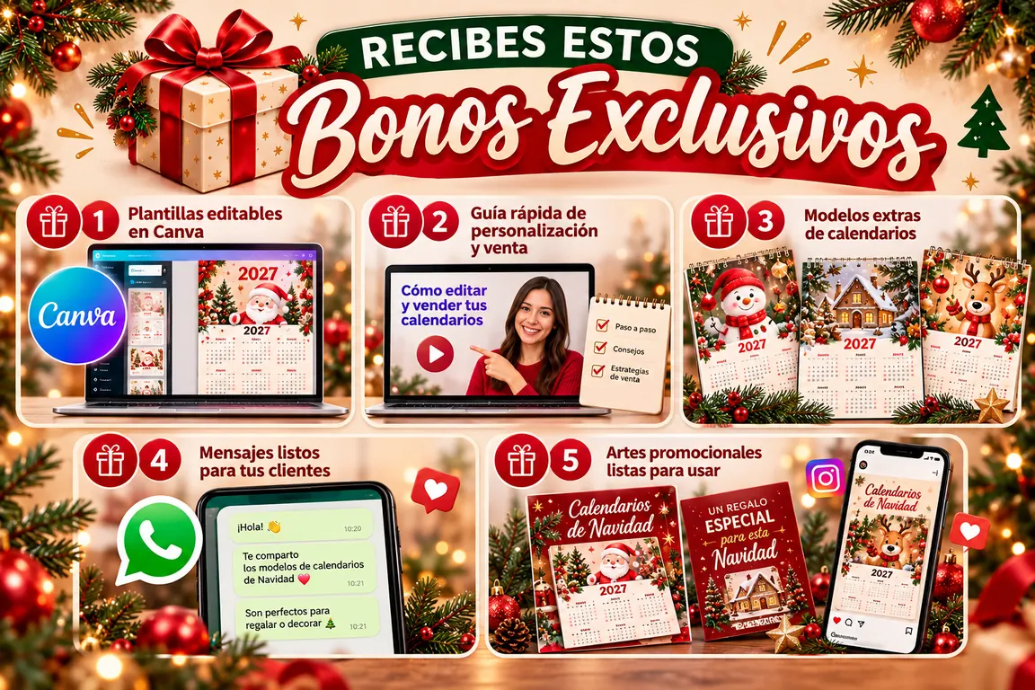 Bonos exclusivos: plantillas editables en Canva, guía de personalización y venta, modelos extras de calendarios, mensajes para clientes y artes promocionales