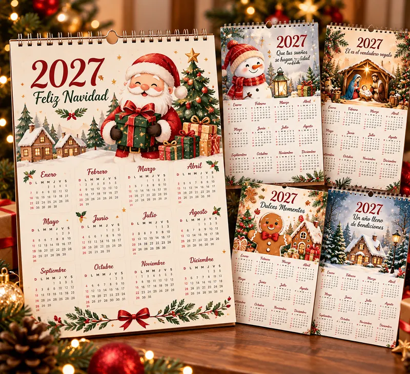 Modelos de calendarios de Navidad 2027 listos para personalizar, imprimir y vender